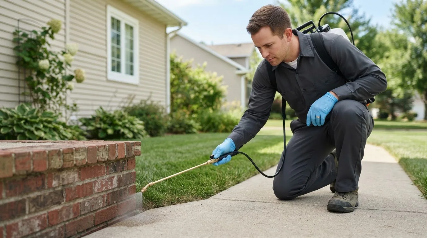 Pest control technician treating a home near Northfield, CT